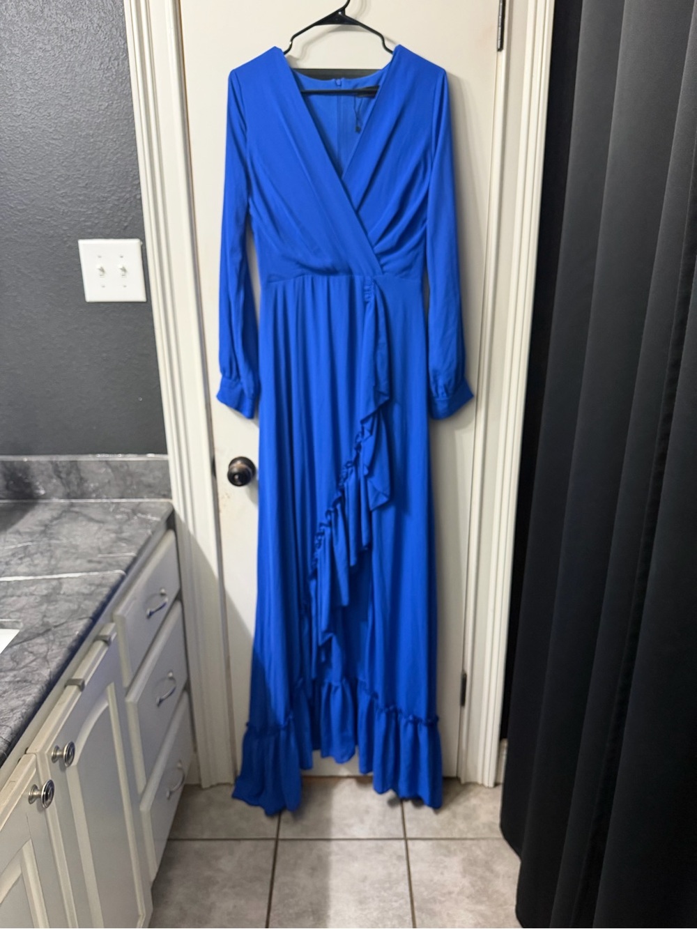 Blue Long Sleeve Ruffle Wrap Maxi Dress